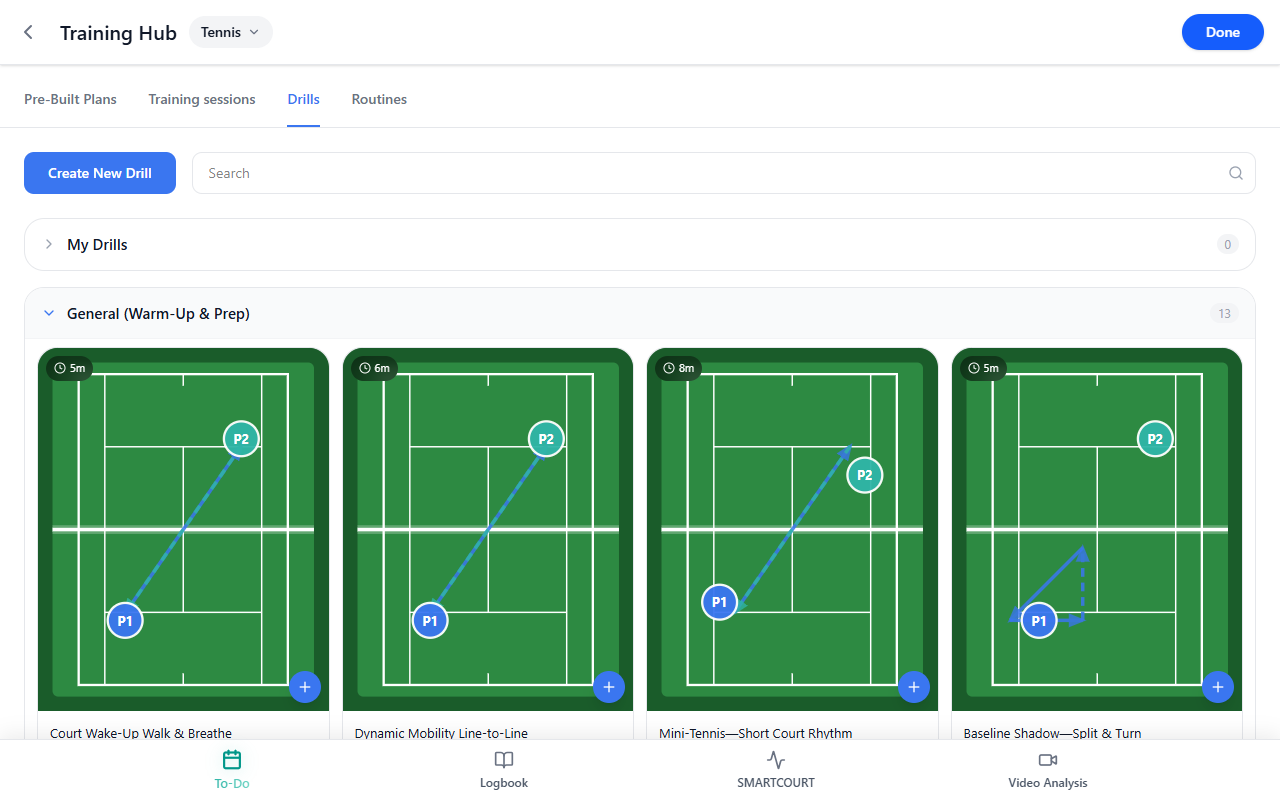 Category expanded — first row of drills under General (Warm-Up & Prep)